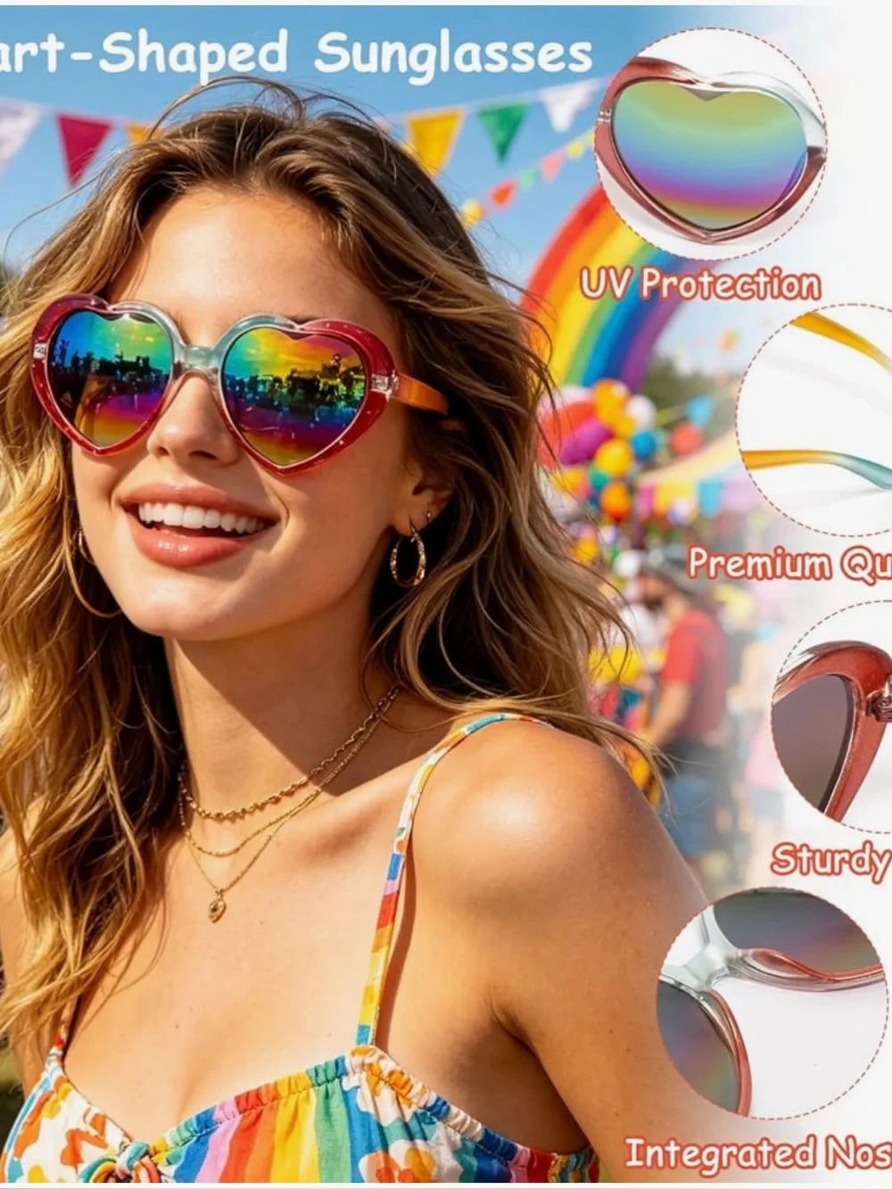 2pcs Heart Shaped Sunglasses for Women Rainbow Mirror Lens